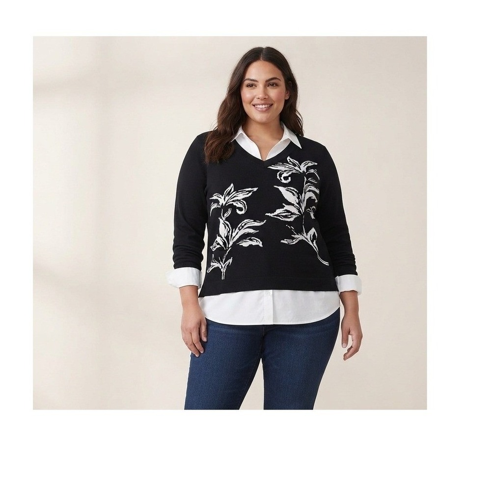 Chico's Lily Print Built in Shirt Knit Sweater Black White Floral Layered size 2